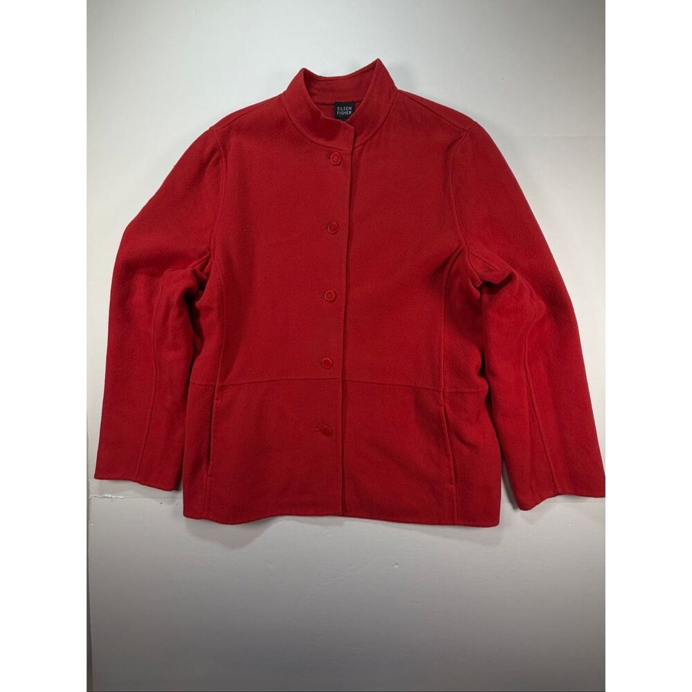 Eileen Fisher Wool Cashmere Jacket Womens Large Red Mandarin Collar Button Front